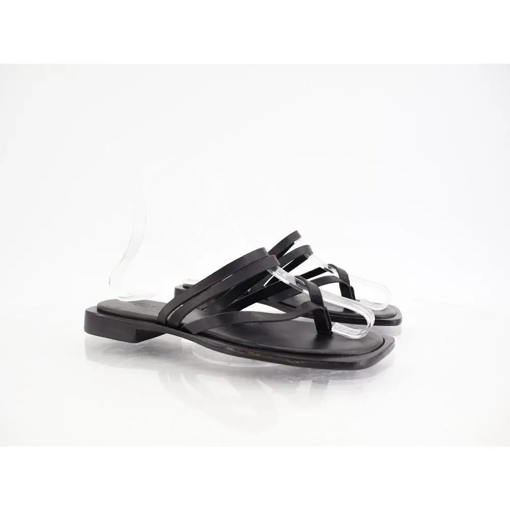 Schutz Rania Flat Sandals Womens Size 5.5 Black Leather Strappy Thong Slide